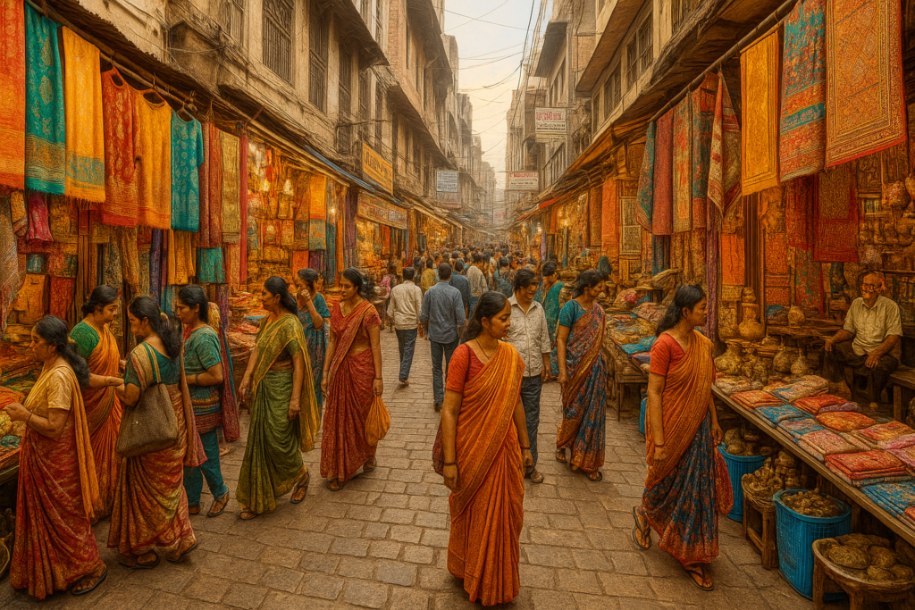 A vibrant street market in Varanasi, bustling with locals and tourists exploring traditional crafts