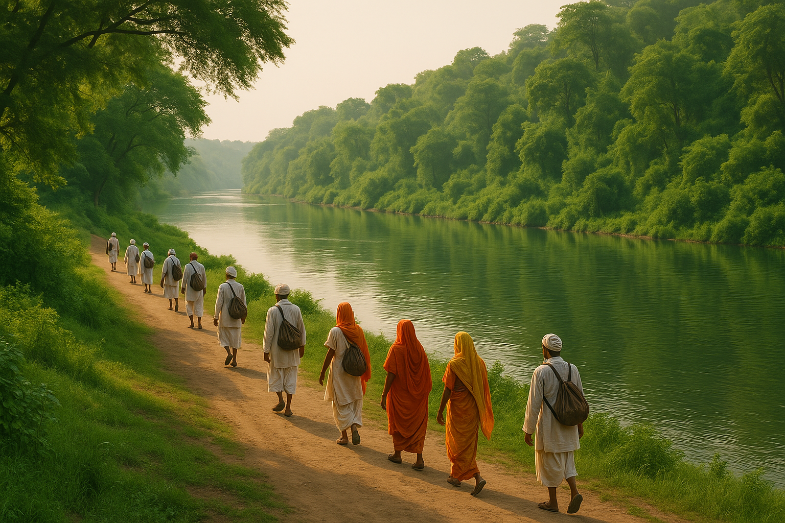 A serene view of the Narmada River with lush greenery, capturing the spiritual essence of the pilgrimage