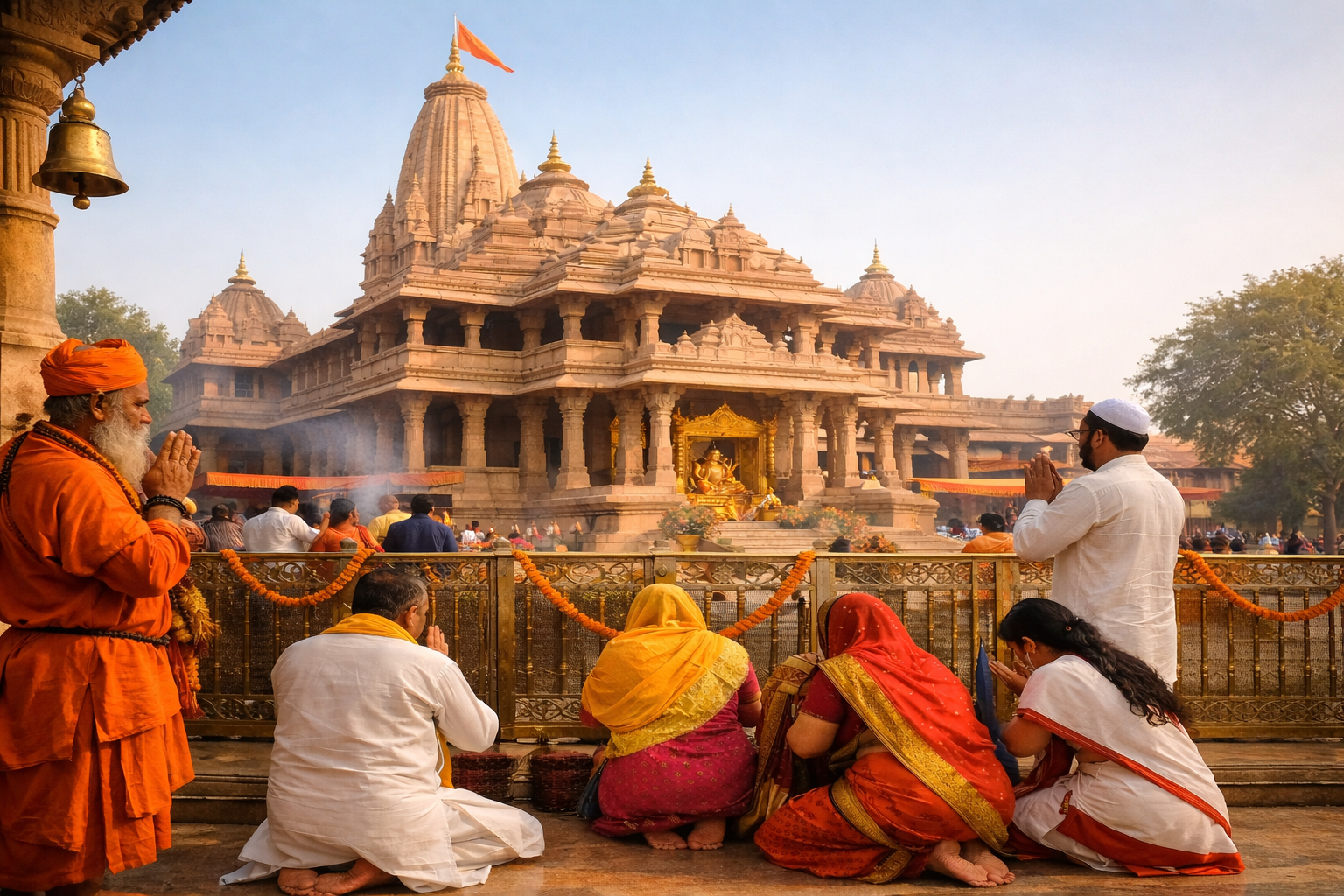 Ram Janmabhoomi temple in Ayodhya, capturing the spiritual atmosphere and architectural beauty