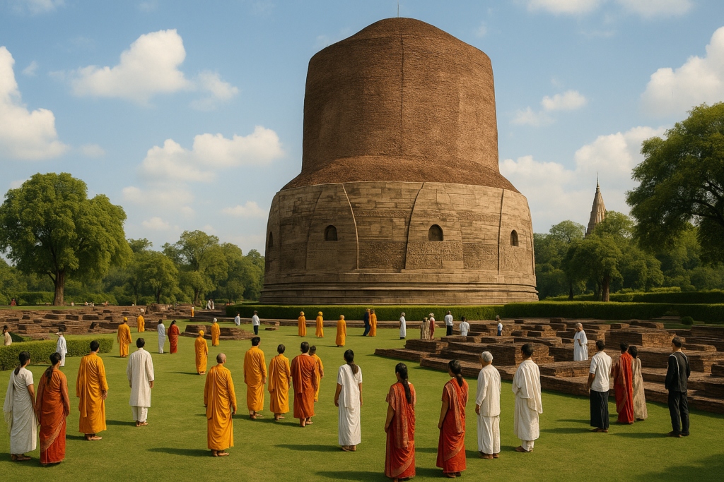 The Dhamek Stupa in Sarnath, surrounded by lush greenery and pilgrims.