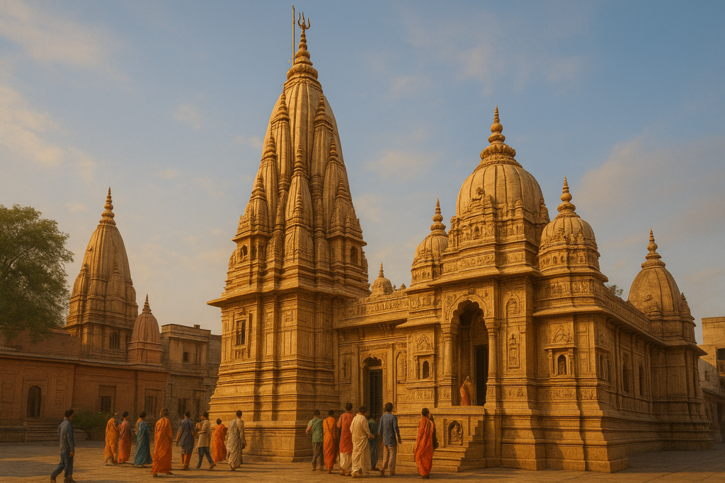 The Kashi Vishwanath Temple, highlighting its architectural beauty and spiritual ambiance