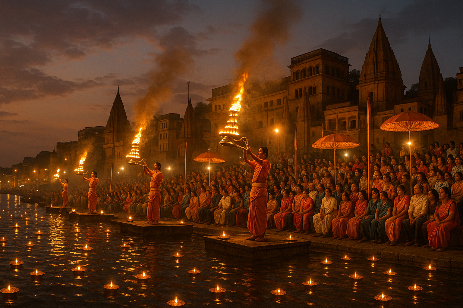 The ghats of Varanasi during the evening Ganga Aarti, with lamps floating on the Ganges River