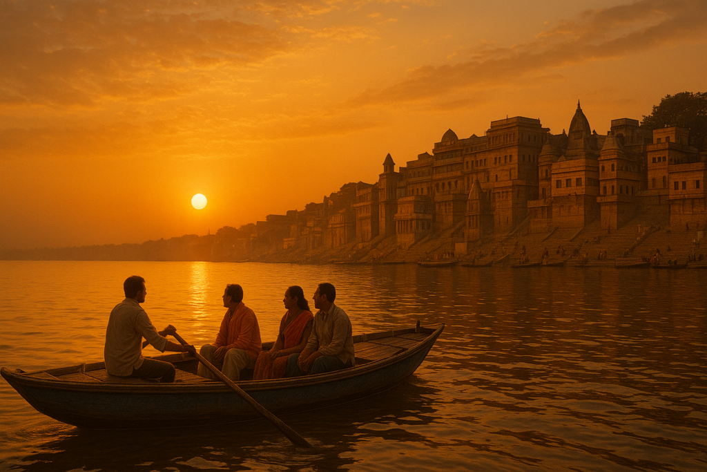 a sunrise boat ride on the Ganges, capturing the serene atmosphere and the awakening city of Varanasi
